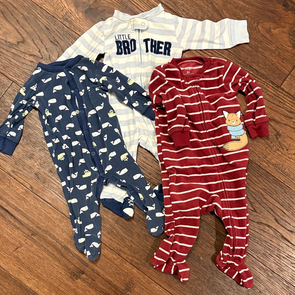3 footed onesies. Navy whale print, blue stripes, maroon fleece. 6 months